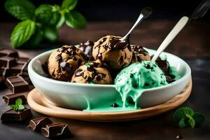 chocolate mint ice cream in a bowl with mint leaves. AI-Generated photo