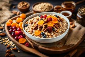 a bowl of oatmeal with fruit and nuts on a wooden table. AI-Generated photo