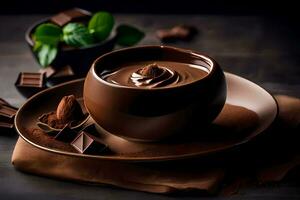 chocolate pudding with mint leaves. AI-Generated photo