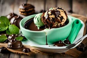 chocolate ice cream in a bowl with mint leaves. AI-Generated photo