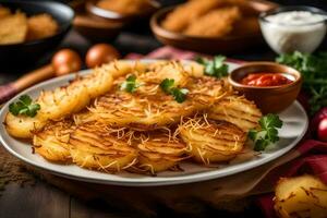 patata porciones con salsa de tomate y perejil. generado por ai foto