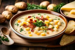 a bowl of potato soup with cheese and potatoes. AI-Generated photo