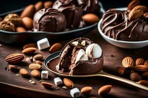 chocolate covered almonds and marshmallows on a wooden table. AI-Generated photo