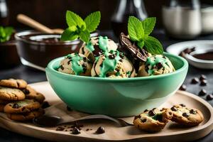 chocolate chip cookies and ice cream in a bowl. AI-Generated photo