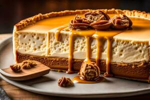 un rebanada de tarta de queso con caramelo salsa rociado en cima. generado por ai foto