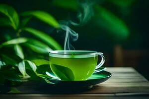 verde té en un taza en un de madera mesa. generado por ai foto