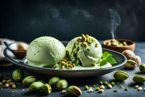 ice cream with pistachios and mint leaves on a black background. AI-Generated photo