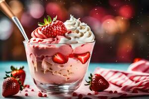 strawberry ice cream with whipped cream and strawberries. AI-Generated photo