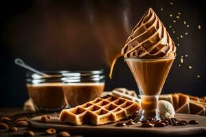 the waffle is being poured with coffee and nuts. AI-Generated photo