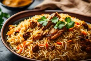 indian chicken biryani with rice and vegetables. AI-Generated photo