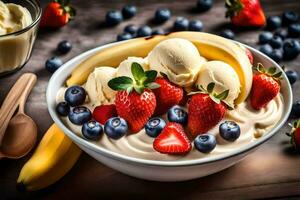 a bowl of ice cream with bananas, strawberries and blueberries. AI-Generated photo