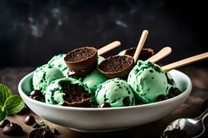 a bowl of mint chocolate ice cream with chocolate chips. AI-Generated photo