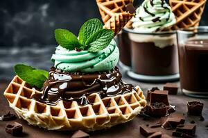 chocolate ice cream and waffles with mint leaves. AI-Generated photo