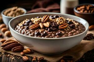 chocolate oatmeal with nuts and almonds in a bowl. AI-Generated photo