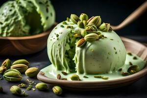 pistachio ice cream with pistachio nuts in a wooden bowl. AI-Generated photo