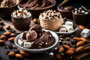 chocolate ice cream, almonds and marshmallows in bowls. AI-Generated photo