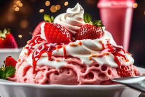 un fresa hielo crema helado con frutas y nueces con azotado crema y fresas generado por ai foto