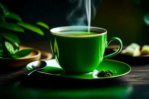 a cup of green tea with a saucer and a spoon. AI-Generated photo