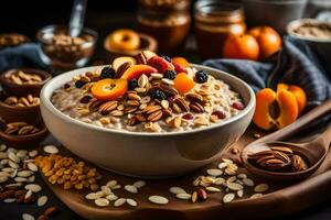 un cuenco de harina de avena con nueces y seco fruta. generado por ai foto