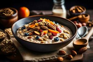 a bowl of oatmeal with nuts and fruit. AI-Generated photo