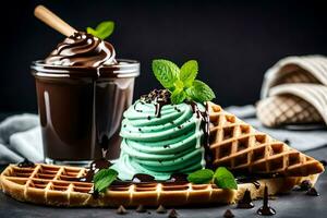 chocolate hielo crema y gofres con menta hojas. generado por ai foto