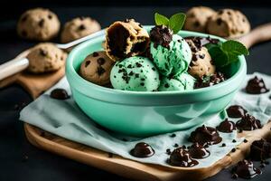 chocolate chip cookie dough ice cream in a bowl. AI-Generated photo