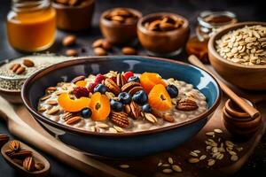 a bowl of oatmeal with nuts and berries. AI-Generated photo