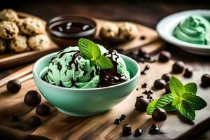 menta chocolate chip hielo crema en un cuenco con menta hojas y chocolate papas fritas. generado por ai foto