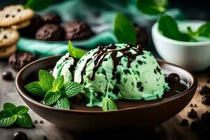 mint chocolate chip ice cream in a bowl with mint leaves and cookies. AI-Generated photo