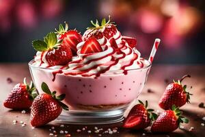 a bowl of strawberry dessert with whipped cream and strawberries. AI-Generated photo