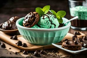 chocolate mint ice cream in a bowl with mint leaves and chocolate chips. AI-Generated photo