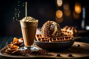 coffee and waffles on a wooden table. AI-Generated photo