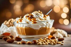 caramel and nuts in a glass bowl. AI-Generated photo