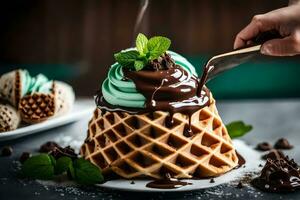 a person is dipping chocolate into a waffle with mint. AI-Generated photo