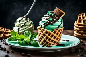 hielo crema gofre con menta y chocolate. generado por ai foto