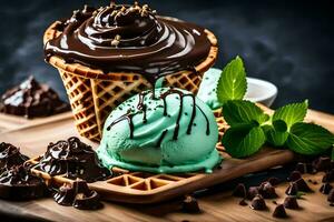 chocolate ice cream in a waffle cone with mint leaves. AI-Generated photo