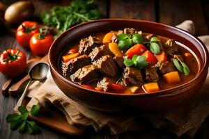 a bowl of beef stew with vegetables and herbs. AI-Generated photo