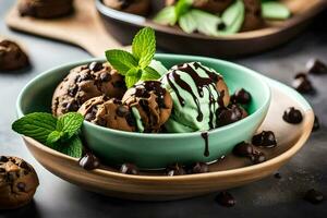 chocolate mint ice cream in a bowl with mint leaves. AI-Generated photo