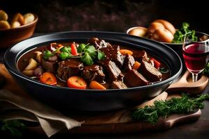 a bowl of beef stew with vegetables and potatoes. AI-Generated photo