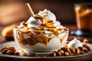 caramel ice cream with nuts and caramel sauce in a glass bowl. AI-Generated photo