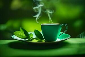 un taza de té en un verde antecedentes. generado por ai foto