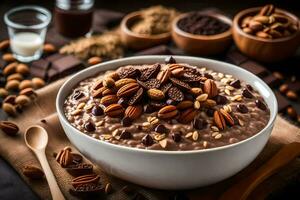 chocolate oatmeal in a bowl with nuts and chocolate chips. AI-Generated photo