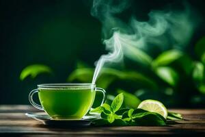 a cup of green tea with a slice of lime. AI-Generated photo