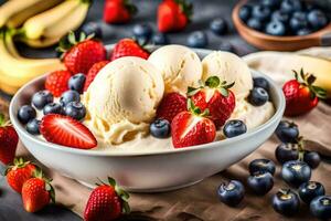 a bowl of ice cream with strawberries, blueberries and bananas. AI-Generated photo