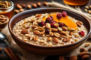 a bowl of oatmeal with nuts and cranberries. AI-Generated photo