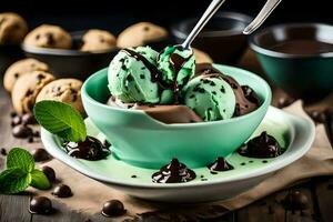 ice cream with mint and chocolate chips in a bowl. AI-Generated photo