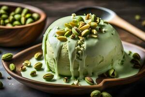 pistachio ice cream with pistachio nuts. AI-Generated photo