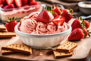 fresa hielo crema en un cuenco con galletas. generado por ai foto