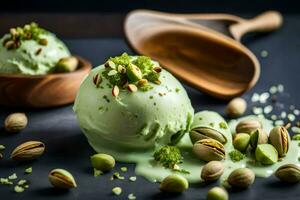 green ice cream with pistachios and nuts. AI-Generated photo