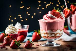 fresas y azotado crema en un vaso. generado por ai foto